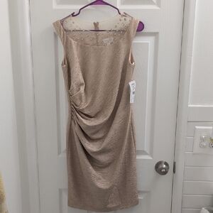 Chic Sleeveless Tan Dress with Pearl Accents